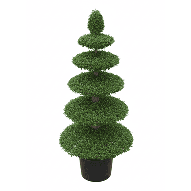 An artificial tiered topiary plant, featuring several rounded tiers of green foliage on a central stem, housed in a plain black plastic pot. — 3D model (AI enhanced source)