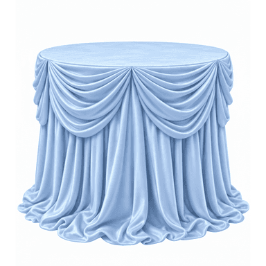 A round table completely covered by an elaborate, light blue draped tablecloth. The fabric appears to be satin or a similar synthetic material, creating soft folds and swags around the perimeter before falling to the floor in a full skirt. — 3D model (AI enhanced source)