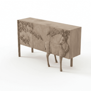 This is a carved wooden sideboard featuring intricate relief carvings of a deer with a wreath around its neck and foliage with butterflies. The cabinet has a rectangular form with four doors, supported by four tapered legs that extend from the cabinet body, with the front two legs designed to resemble the legs of the deer. The finish is a light, natural wood tone, enhancing the detailed carvings. — 3D model (AI enhanced source)