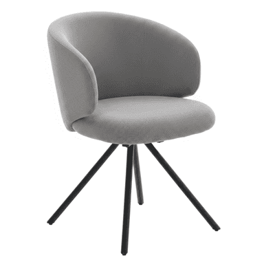A modern upholstered armchair featuring a rounded, bucket-style seat and integrated armrests, covered in grey, textured fabric. It is supported by a black metal four-leg swivel base with splayed, slender legs. — 3D model (AI enhanced source)