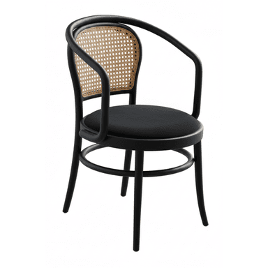 A modern armchair with a black bentwood frame and a cane backrest. The seat is upholstered in black fabric. The chair features curved armrests and four legs connected by a circular support. — 3D model (AI enhanced source)