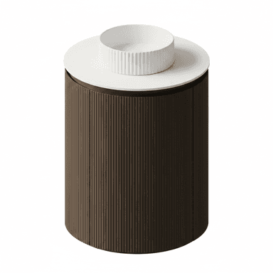 A cylindrical accent table featuring a dark brown, vertically fluted body and a smooth, contrasting white circular top. A white, ridged bowl-like object is placed on the table's surface. — 3D model (AI enhanced source)