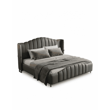 A contemporary upholstered platform bed featuring a dark gray material, likely leather or faux leather. The headboard is distinctly scalloped along its top edge and features vertical channel tufting. The footboard and side rails also exhibit matching vertical fluting, creating a cohesive and luxurious aesthetic. The bed stands on small, recessed cylindrical metal legs, contributing to its modern, low-profile design. It is adorned with a mattress, pillows, and a throw blanket. — 3D model (AI enhanced source)