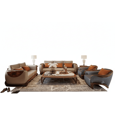 A contemporary living room set featuring a sofa, two accent chairs, and a coffee table, all unified by a distinctive design incorporating curved wooden frames and contrasting upholstery. — 3D model (AI enhanced source)