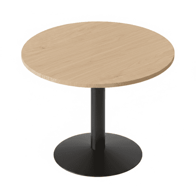 A modern round table featuring a light wood grain top and a sturdy black metal pedestal base. The tabletop is smooth with visible wood grain patterns. The base consists of a cylindrical central column connected to a wide, flat circular disc, both finished in matte black. The design is minimalist and contemporary. — 3D model (AI enhanced source)