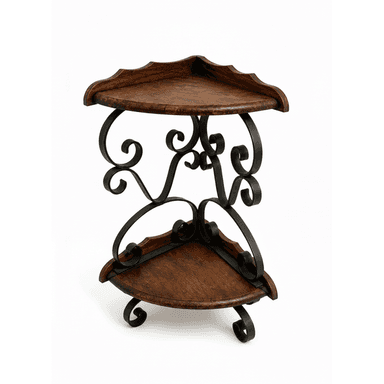 A two-tiered corner shelving unit featuring dark stained wood shelves with scalloped edges and intricate black wrought iron scrollwork for support. It is designed to fit snugly into a room's corner, providing both storage and decorative appeal. — 3D model (AI enhanced source)