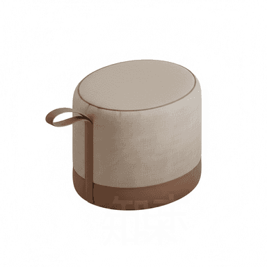 A cylindrical upholstered ottoman featuring a two-tone design. The upper body is covered in light beige fabric, while the lower section is wrapped in a contrasting brown leather. A matching brown leather handle is integrated into the side for portability. The top surface and edges are softly rounded, and the fabric sections feature piping detail. — 3D model (AI enhanced source)