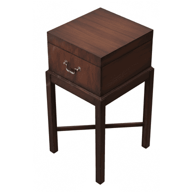 A dark wood, square-shaped cabinet with a brass handle, elevated on a four-legged stand. — 3D model (AI enhanced source)