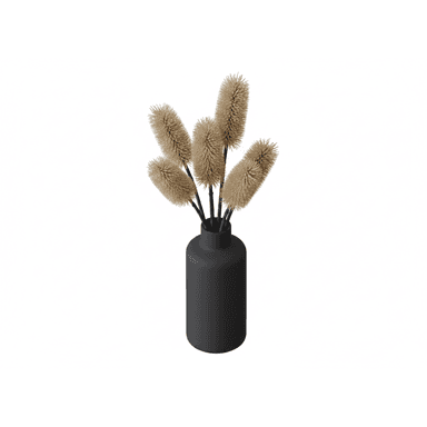 A minimalist decorative arrangement featuring a matte black ceramic vase holding several stems of dried pampas grass. The vase has a simple, cylindrical form with a narrow opening, and the dried grass has a feathery, beige-brown texture, creating an organic, contemporary aesthetic. — 3D model (AI enhanced source)