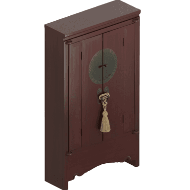 A dark reddish-brown two-door cabinet in a traditional Chinese style, featuring distinctive circular brass-toned hardware with a central pin closure and a decorative tassel. The cabinet has a rectangular top, and the base exhibits a subtle, decorative curve on its feet. — 3D model (AI enhanced source)
