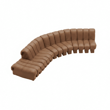 A modular, curved sectional sofa upholstered in brown leather. The sofa features a distinctive design with vertical channel tufting on the seat and back cushions, creating a segmented appearance. It is composed of multiple individual units that form a large, L-shaped seating arrangement with an additional projecting section. — 3D model (AI enhanced source)