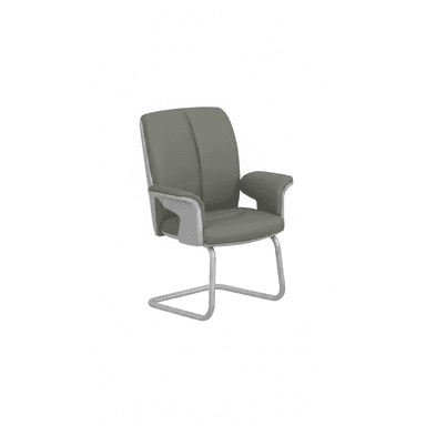 A modern office armchair featuring a padded seat and backrest upholstered in a neutral grey material. The backrest has two subtle vertical sections, and the armrests are integrated, also with padded tops. The chair sits on a distinctive polished silver-colored metal cantilever base, forming a sled-like frame that extends from the armrests. — 3D model (AI enhanced source)