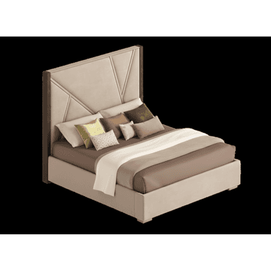 A modern upholstered bed with a geometric-patterned headboard. The headboard features cream-colored upholstery with angled divisions, framed by dark wood trim on the sides. The bed frame is also upholstered in a light cream fabric. The mattress is covered with taupe bedding and accented with several decorative pillows in various colors including gold, olive green, and pinkish-brown, along with a white blanket folded at the foot. — 3D model (AI enhanced source)