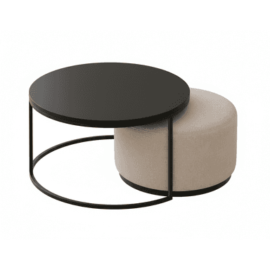 A modern nesting furniture set consisting of a round coffee table with a black metal frame and a circular black tabletop, and a complementary round upholstered ottoman in a beige fabric that fits beneath the table. — 3D model (AI enhanced source)