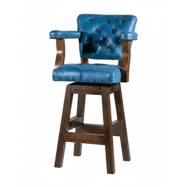 A traditional-style bar stool featuring a tufted, blue upholstered seat and back with armrests, supported by a dark wood frame. The seat includes a swivel mechanism and is adorned with decorative nailhead trim. The sturdy wooden base has a footrest. — 3D model (AI enhanced source)