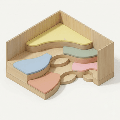 A corner-fitting, multi-level seating unit constructed from light wood, featuring several individual, organically shaped upholstered cushions in pastel colors. The unit includes low wooden walls that enclose the seating area, creating a defined nook. The seating surfaces are at varying heights and depths, with rounded edges, and are fitted with cushions in yellow, green, blue, and pink. The overall aesthetic is modern and playful. — 3D model (AI enhanced source)