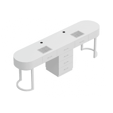 A modern, sleek, white double manicure table featuring an elongated, oval-shaped tabletop. It incorporates two integrated ventilation grates, two circular openings (likely for cords or lights), and ample storage provided by multiple drawers, including a central cabinet unit with four drawers and two smaller drawers on either side of the ventilation grates. The table stands on two stylish U-shaped metal legs and a central cabinet base. — 3D model (AI enhanced source)