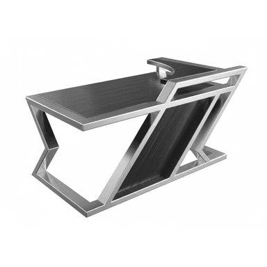 A modern desk with a sleek, geometric design. The desktop has a dark, wood-grain-like finish with a brushed texture. The frame is constructed from polished metal, featuring angular supports that form an 'X' shape on the sides. A raised section at the back of the desk has a curved element and appears to be part of the overall design. — 3D model (AI enhanced source)