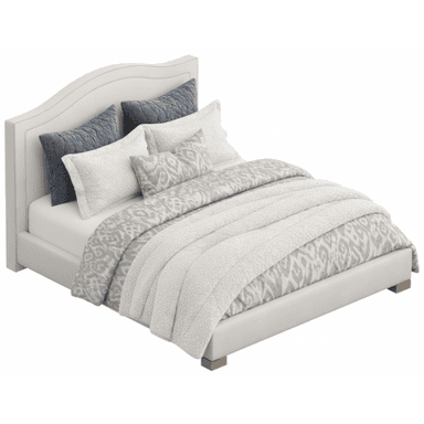 An upholstered bed featuring a subtly scalloped headboard, a low-profile frame, and a neutral color palette. The bed is adorned with coordinated bedding in shades of white, grey, and blue. — 3D model (AI enhanced source)