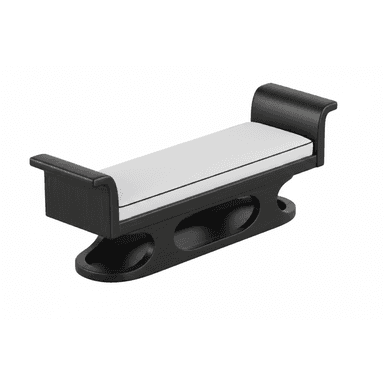 A contemporary bench featuring a dark, possibly black, wooden frame with elegantly rolled armrests and a distinctive sleigh-style base. The bench is topped with a rectangular, white upholstered cushion detailed with black piping along its edges. The base incorporates oval cutouts, adding to its modern aesthetic. — 3D model (AI enhanced source)