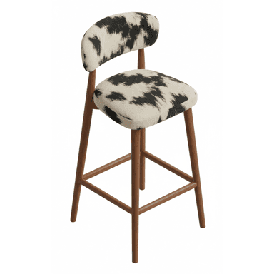 A modern bar stool featuring a sturdy wooden frame and distinctive cowhide-patterned upholstery on both the seat and the low, curved backrest. The stool has four tapered wooden legs connected by horizontal stretchers that double as footrests. — 3D model (AI enhanced source)