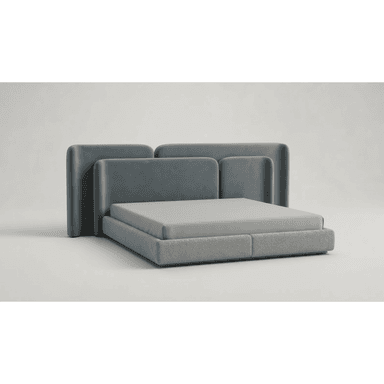 A modern platform bed featuring a low-profile upholstered frame and a distinctive modular headboard composed of several individual padded panels. The bed frame is covered in a light grey, textured boucle-like fabric, while the headboard panels are upholstered in a smooth, darker blue-grey fabric, possibly velvet or a soft textile. The headboard panels exhibit rounded corners, contributing to a contemporary and inviting aesthetic. A light grey mattress is positioned within the frame, which itself rests on a recessed plinth base. — 3D model (AI enhanced source)