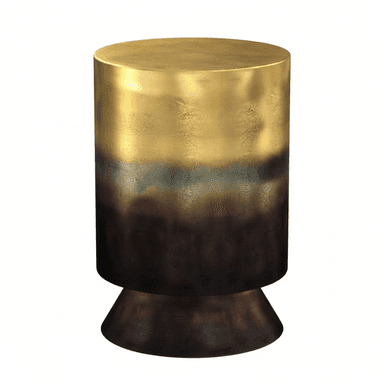 A contemporary cylindrical accent table featuring a striking ombre metallic finish, transitioning seamlessly from a bright golden hue at the top to a deep, dark bronze at the base. The main body is a perfect cylinder, resting upon a distinct, slightly flared conical pedestal base, maintaining a cohesive metallic aesthetic throughout. — 3D model (AI enhanced source)