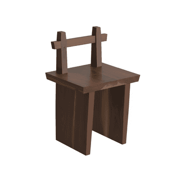 A minimalist low chair constructed from dark, solid wood, featuring a thick, rectangular seat and a backrest composed of two vertical posts supporting a single horizontal bar. The base consists of two sturdy, panel-like legs, giving it a robust, blocky appearance. — 3D model (AI enhanced source)