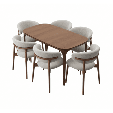 A complete modern dining set comprising a rectangular dining table with rounded corners and six matching dining chairs featuring upholstered seats and backs with integrated wooden armrests. — 3D model (AI enhanced source)