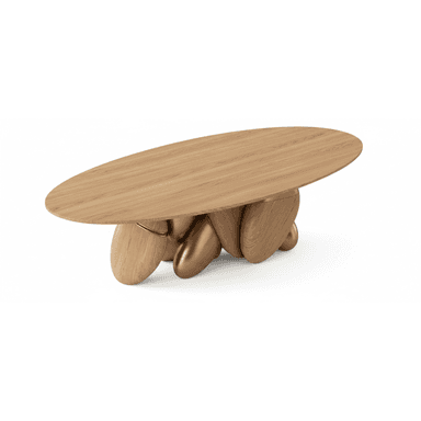 An oval-shaped coffee table featuring a light-toned wooden top and a distinctive sculptural base. The base consists of intertwined elements, some crafted from the same light wood as the top, and others from a contrasting bronze-finished metal, creating an organic and modern aesthetic. — 3D model (AI enhanced source)