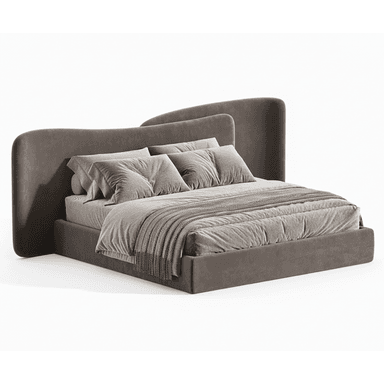 A modern upholstered platform bed featuring a distinctive asymmetrical headboard and plush fabric upholstery, presented with bedding and a throw blanket. — 3D model (AI enhanced source)