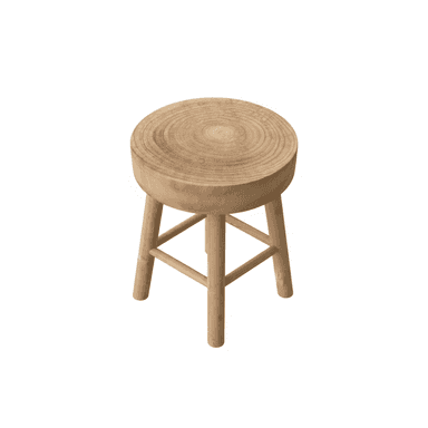 A light-colored solid wood stool with a thick, round seat exhibiting prominent growth rings, supported by three splayed, tapered legs with crossbar bracing. — 3D model (AI enhanced source)