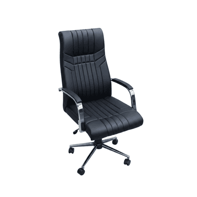 A black executive office chair with a high back, upholstered in faux leather, featuring vertical channel tufting, chrome-plated armrests with padded tops, and a five-star chrome base with casters. — 3D model (AI enhanced source)