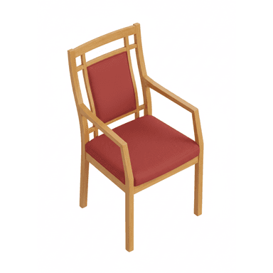 A modern armchair constructed with a light-toned wooden frame, featuring a rectangular red upholstered seat and a matching upholstered backrest with vertical slat detailing. — 3D model (AI enhanced source)