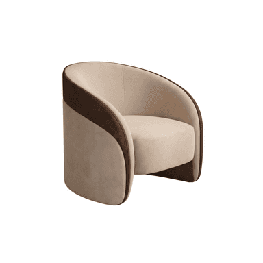 A modern upholstered armchair featuring a distinctive barrel-shaped silhouette. The chair is upholstered in two contrasting fabrics: a light beige for the interior seat and back, and a darker brown for the exterior sides and back. It has a plush, thick seat cushion and a continuous, rounded form that integrates the armrests and backrest seamlessly. The design suggests a low-profile or concealed base. — 3D model (AI enhanced source)