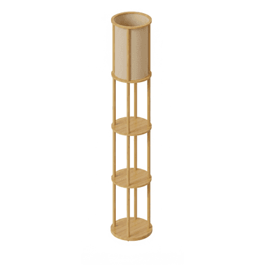 A tall, modern floor lamp featuring a light-toned wooden frame and a cylindrical fabric lampshade. The lamp incorporates three circular wooden shelves below the light source, providing integrated storage or display space. The design is minimalist and vertical. — 3D model (AI enhanced source)