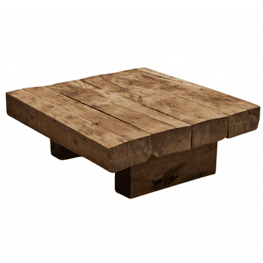 A rustic, low-profile coffee table constructed from thick, unfinished wooden planks. The tabletop is composed of several planks laid side-by-side with visible gaps and cracks, suggesting a reclaimed wood aesthetic. The base is formed by two solid, stacked wooden blocks, one wider than the other, providing a sturdy foundation. The edges of the wood are rough and irregular, contributing to its natural, unrefined appearance. — 3D model (AI enhanced source)