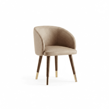 A contemporary upholstered dining chair featuring a curved, barrel-style backrest with integrated armrests, a cushioned seat, and four tapered wooden legs adorned with polished brass caps. — 3D model (AI enhanced source)