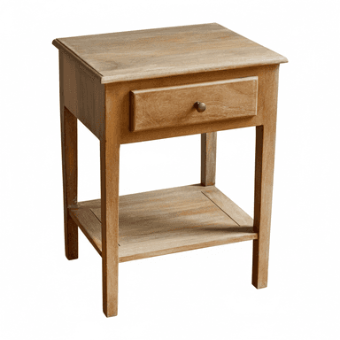 A rustic wooden nightstand featuring a single drawer and an open lower shelf, finished in a light, distressed wood tone with a small brass-tone knob. — 3D model (AI enhanced source)
