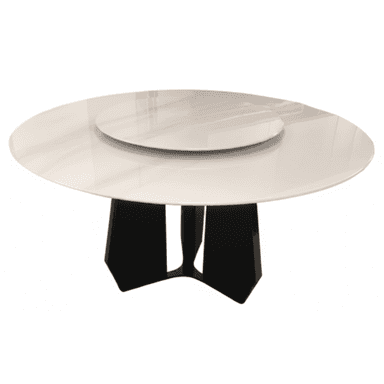 A modern round dining table featuring a high-gloss white tabletop with an integrated, rotating lazy susan. The table is supported by a sculptural, multi-faceted black base. The contrasting colors and sleek lines give it a contemporary aesthetic. — 3D model (AI enhanced source)