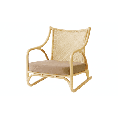A low-slung lounge chair constructed from bent rattan with a woven cane backrest and a removable fabric cushion. — 3D model (AI enhanced source)