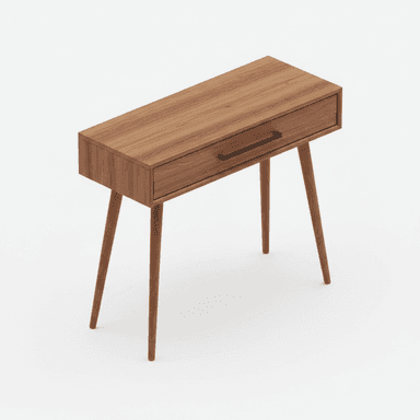A slender, rectangular console table in a mid-century modern style, featuring a warm, medium-brown wood finish, four tapered splayed legs, and a single drawer with a minimalist black metal bar pull. — 3D model (AI enhanced source)