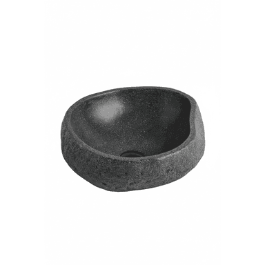 A vessel sink with an irregular, organic shape resembling a natural stone or boulder. The exterior features a rough, textured finish with visible pores, while the interior is smooth and concave, designed to hold water. A drainage hole is present at the bottom center of the interior basin. — 3D model (AI enhanced source)