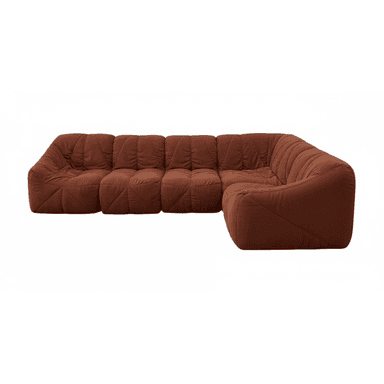 This is an L-shaped modular sectional sofa characterized by its soft, quilted upholstery in a terracotta brown color. The design features a distinctive pleated or gathered fabric appearance that creates a plush, informal, and ergonomic seating experience. The sofa consists of multiple components arranged into an L-shape, suggesting flexibility in configuration. It has a low-profile silhouette with no visible legs or rigid frame, enhancing its relaxed and inviting aesthetic. — 3D model (AI enhanced source)