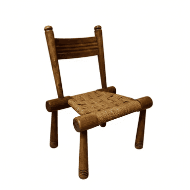 A rustic, low-seated wooden chair featuring a sturdy frame of dark-stained wood and a tightly woven seat made of natural rush or rope. It has a simple backrest composed of two horizontal wooden slats. — 3D model (AI enhanced source)