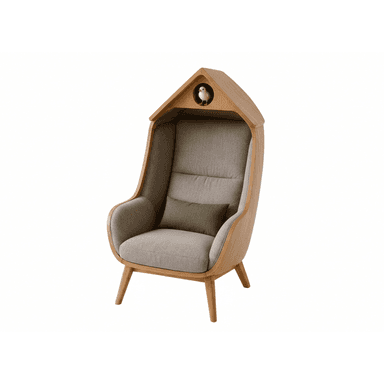 A contemporary lounge chair featuring a distinctive birdhouse-shaped canopy integrated into its tall backrest. The chair has a curved frame made of light-toned oak wood, encompassing a plush, light grey fabric upholstered seat and backrest. It stands on four splayed, tapered wooden legs and includes a small olive green accent pillow. A decorative bird figure is visible within the canopy's circular opening. — 3D model (AI enhanced source)