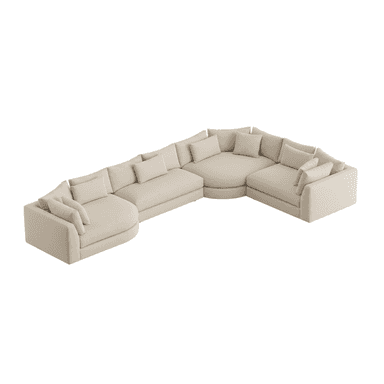 A large, U-shaped modular sectional sofa upholstered in light beige fabric, featuring various straight and curved sections, loose back cushions, and wide track arms, designed for extensive seating. — 3D model (AI enhanced source)