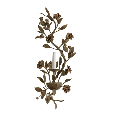 A wall-mounted light fixture designed as an intricate botanical arrangement of metallic leaves, flowers, and berries, featuring a single candle-style light source. — 3D model (AI enhanced source)