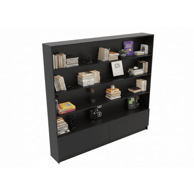 A tall, modern bookshelf featuring multiple open shelves for display and two closed storage cabinets at the base. The unit is finished in a matte black color and is filled with various books and decorative items. — 3D model (AI enhanced source)