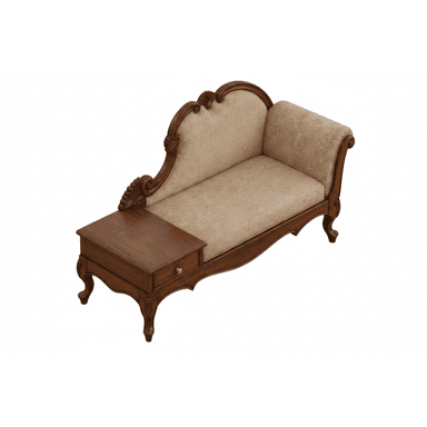 An opulent traditional chaise lounge featuring a dark, richly stained wooden frame with intricate carvings. The seating area is upholstered in a light beige fabric with a subtle pattern, encompassing both the backrest and the elongated seat. An integrated side table with a single drawer and a brass knob is incorporated at one end, adding functionality. The chaise lounge stands on elegantly curved cabriole legs, characteristic of traditional or Rococo revival styles. — 3D model (AI enhanced source)